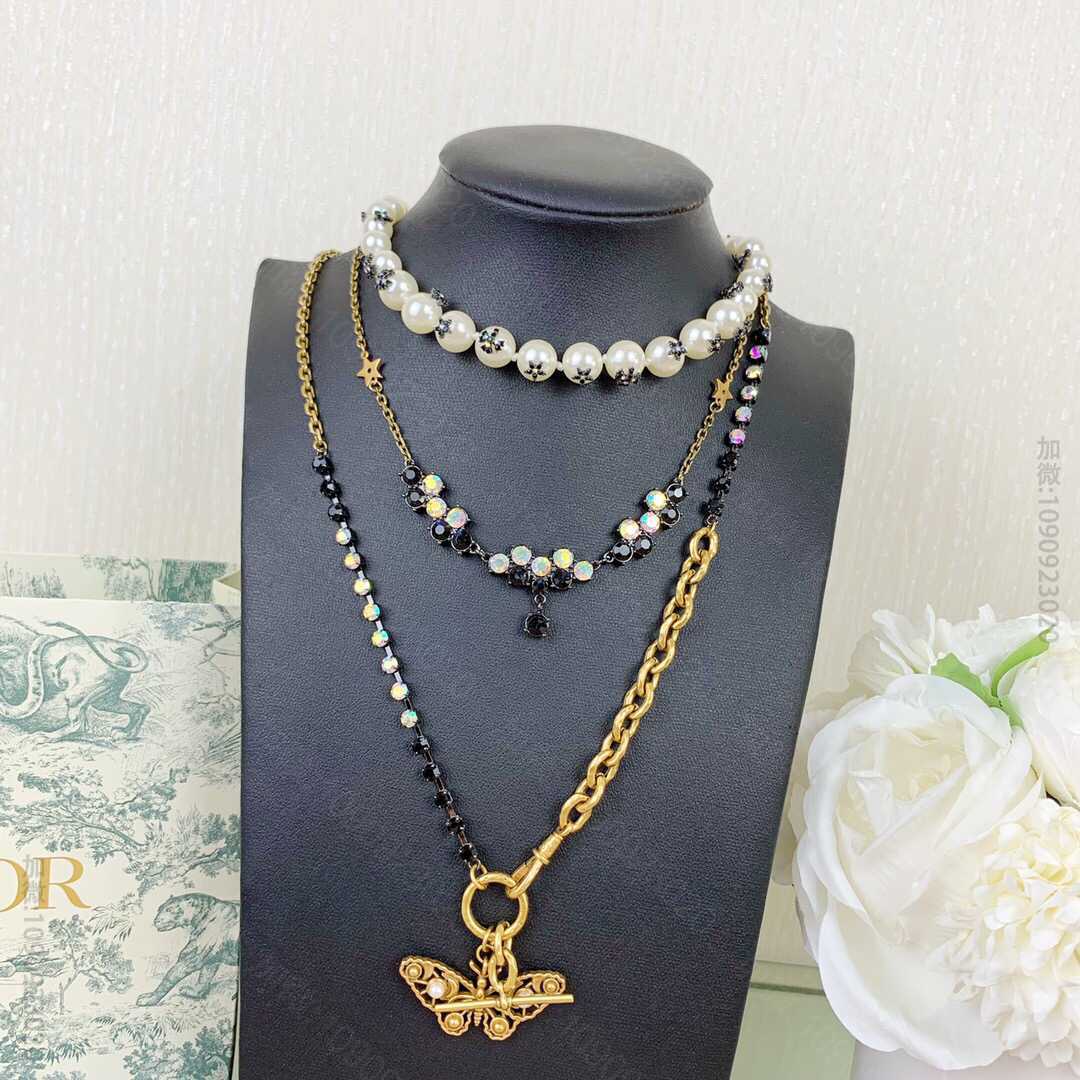 DIOR迪奥珍珠水钻蝴蝶三层项链