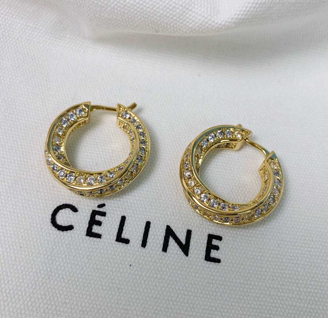 19款Celine新款金色简约满钻耳钉耳环