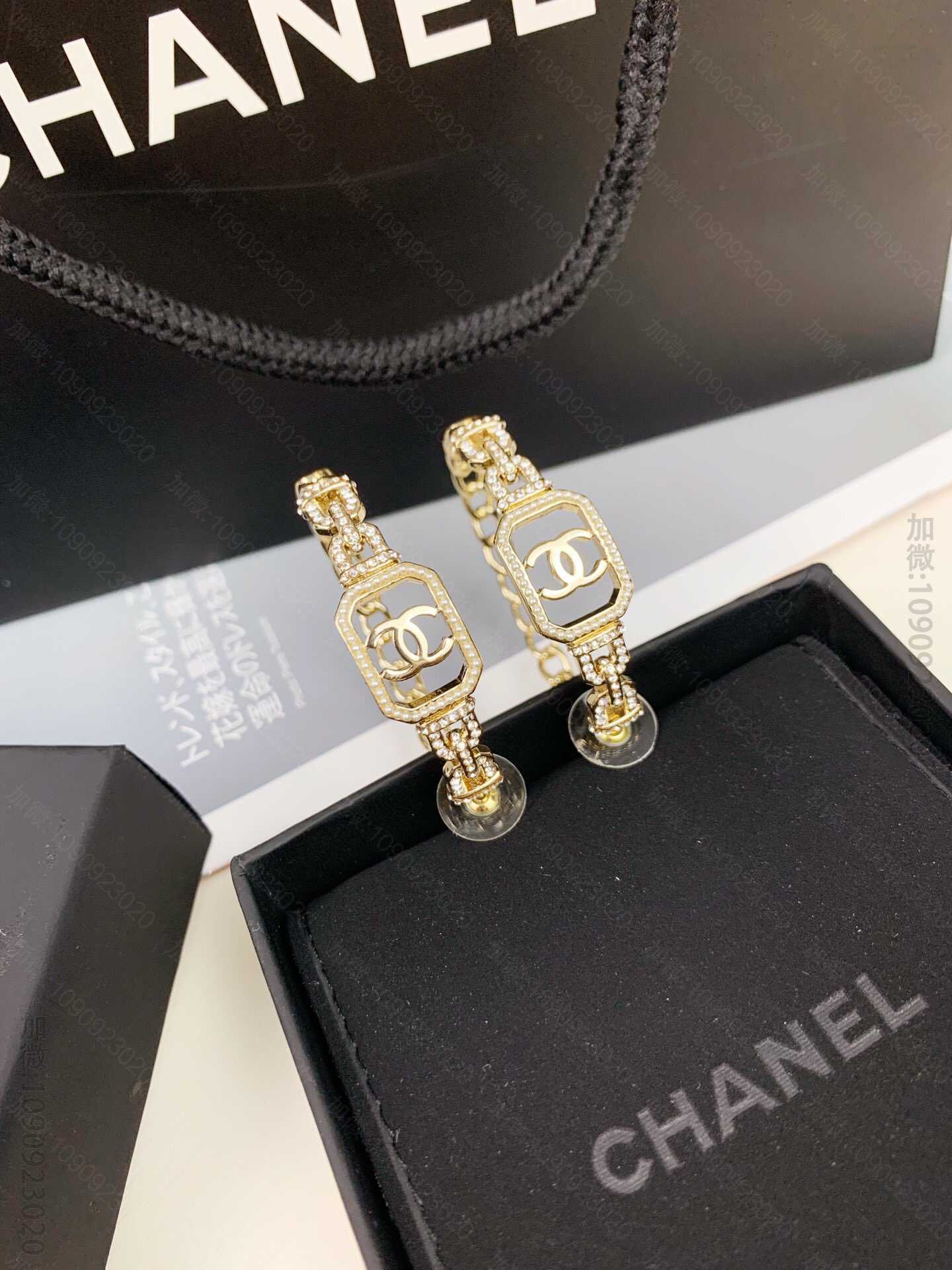 新品 CHANEL经典双C镶钻珍珠耳环 耳钉