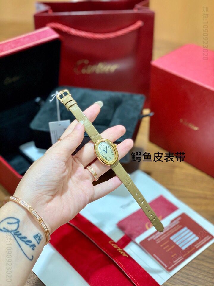 卡地亚Baignoire浴缸系列腕表电镀18K黄金圆珠形表冠