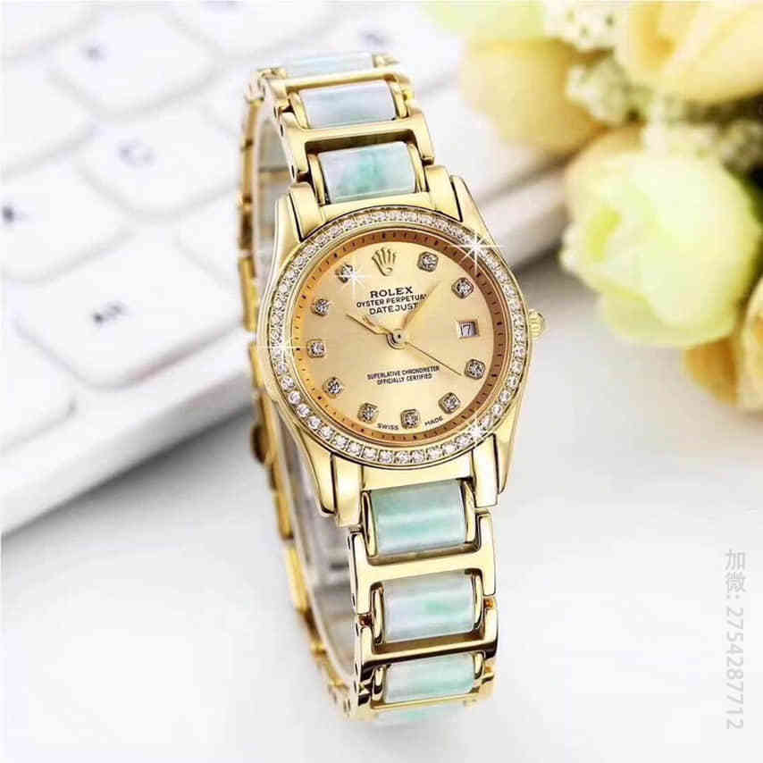 劳力士女士腕表 【新品】劳力士ROLEX（真玉）翡翠缅甸真玉镶钻蓝宝石水晶玻璃金黄珍珠贝表面瑞士石英机芯腕表 