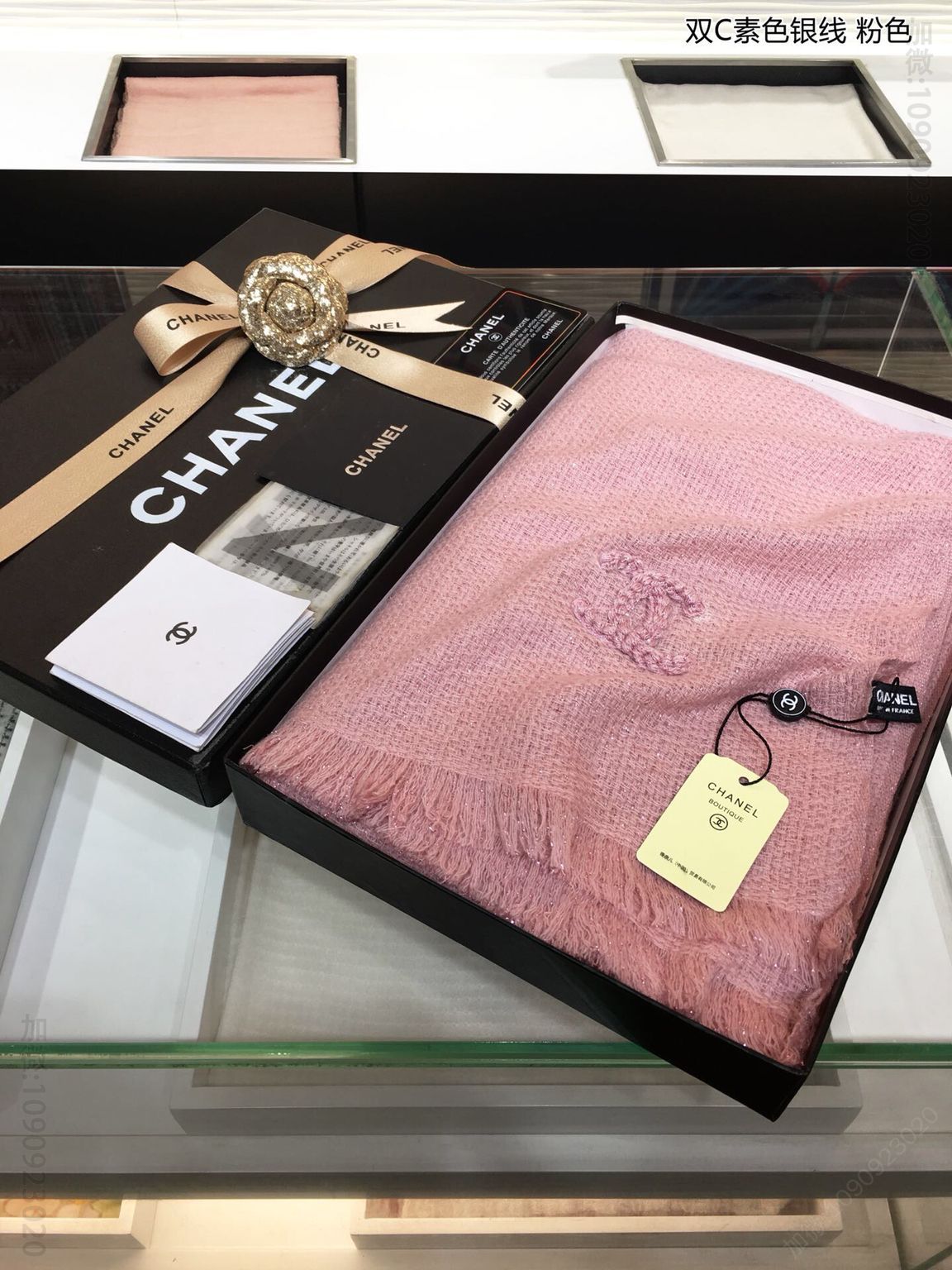 CHANEL香奈儿双C素色银线顶级进口客供花纱山羊绒围巾
