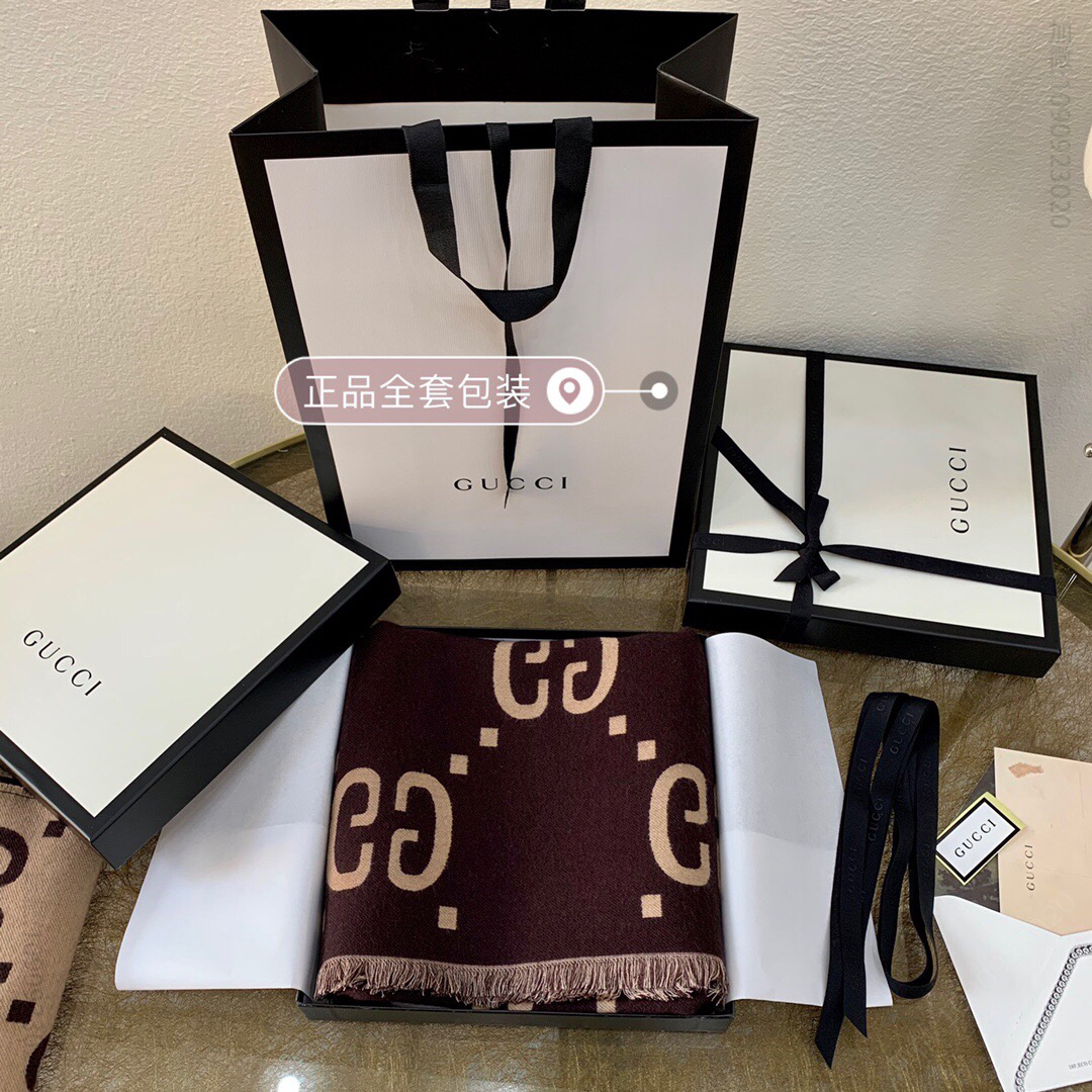 GUCCI古驰棕色和米色GG提花羊毛真丝围巾