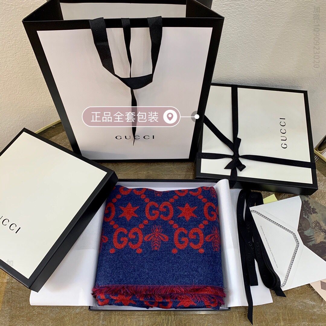 GUCCI古驰GG标识羊毛真丝混纺围巾