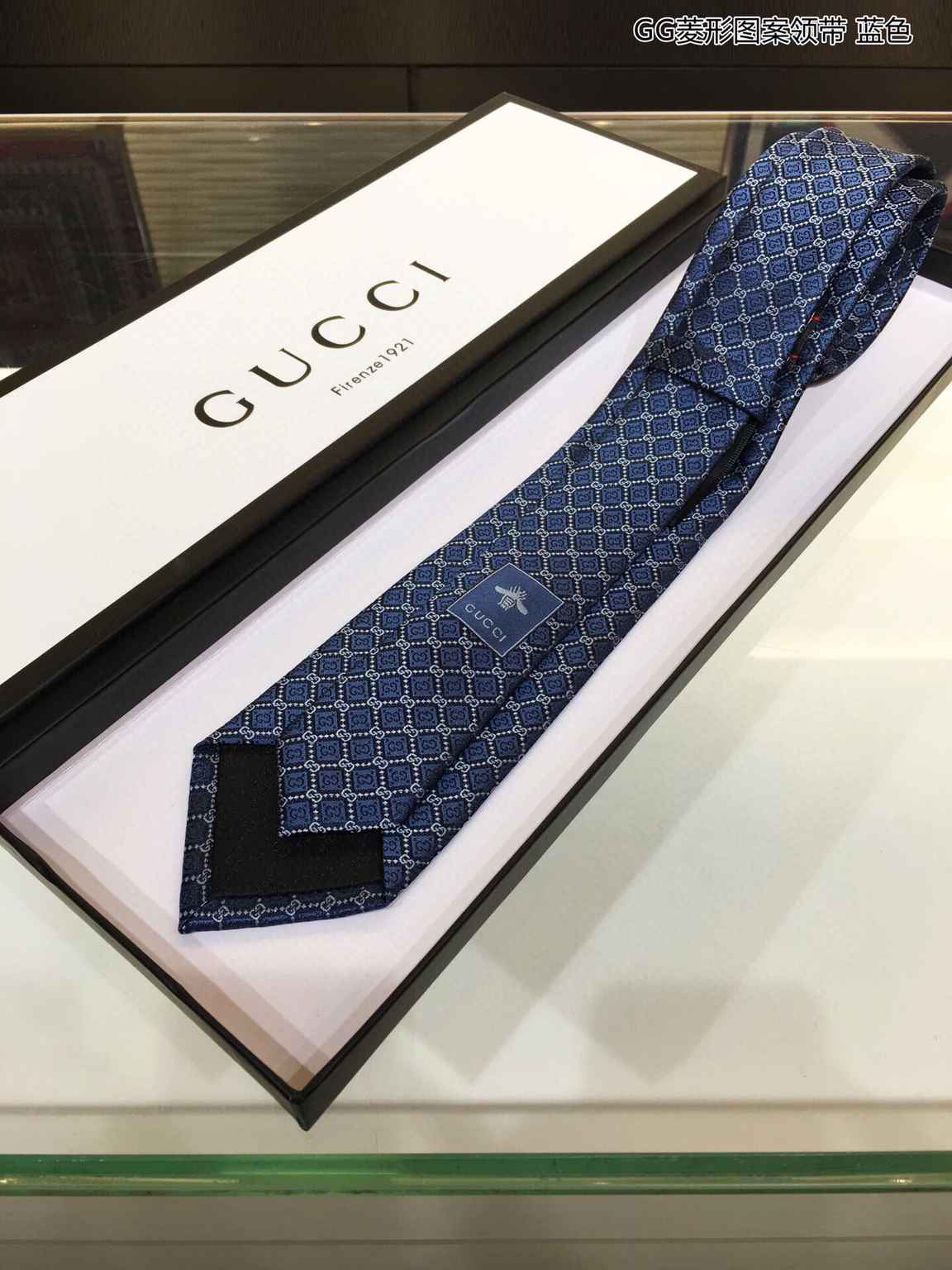 GUCCI古驰100%顶级提花真丝GG菱形图案领带