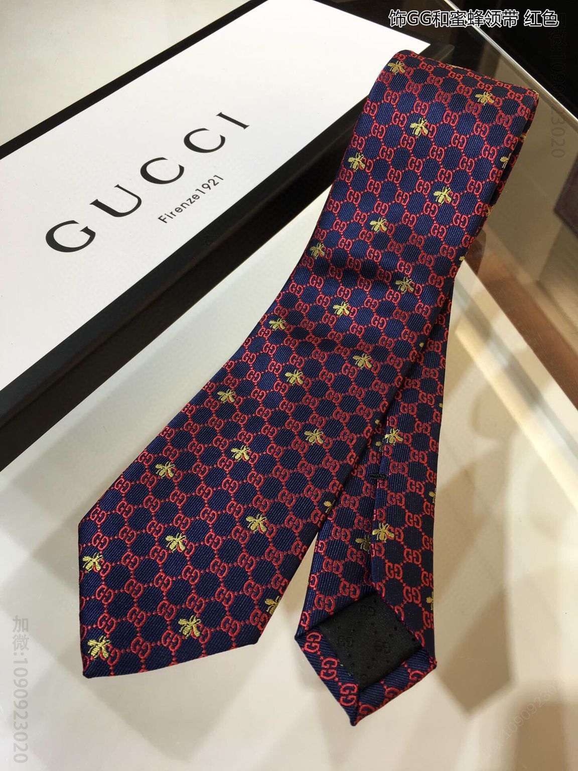 GUCCI古驰100%顶级提花真丝饰GG和蜜蜂领带