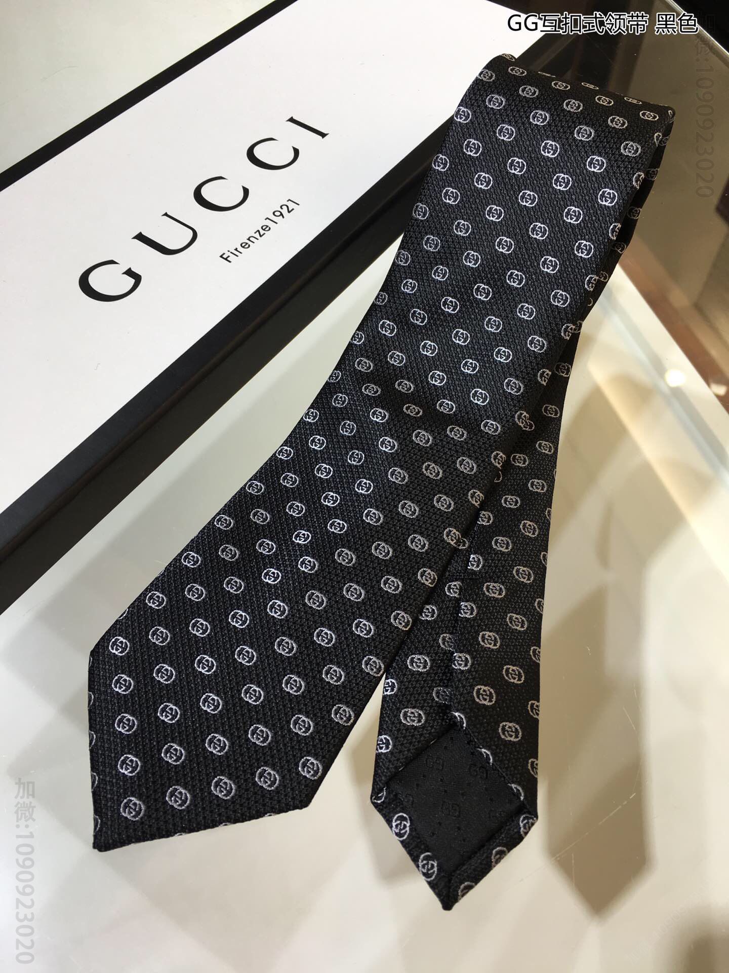 GUCCI古驰100%顶级提花真丝GG互扣式领带