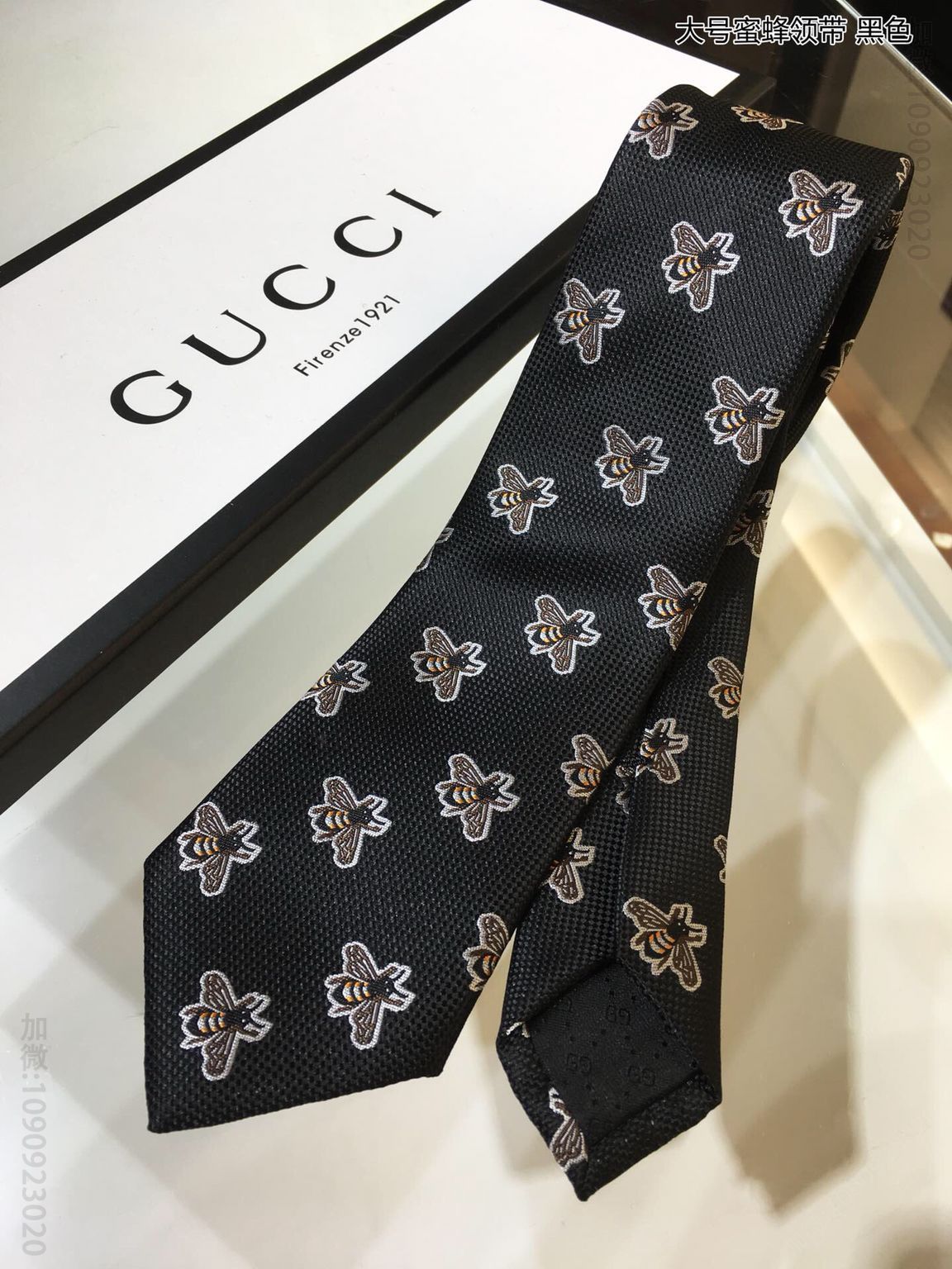 GUCCI古驰100%顶级提花真丝大号蜜蜂领带