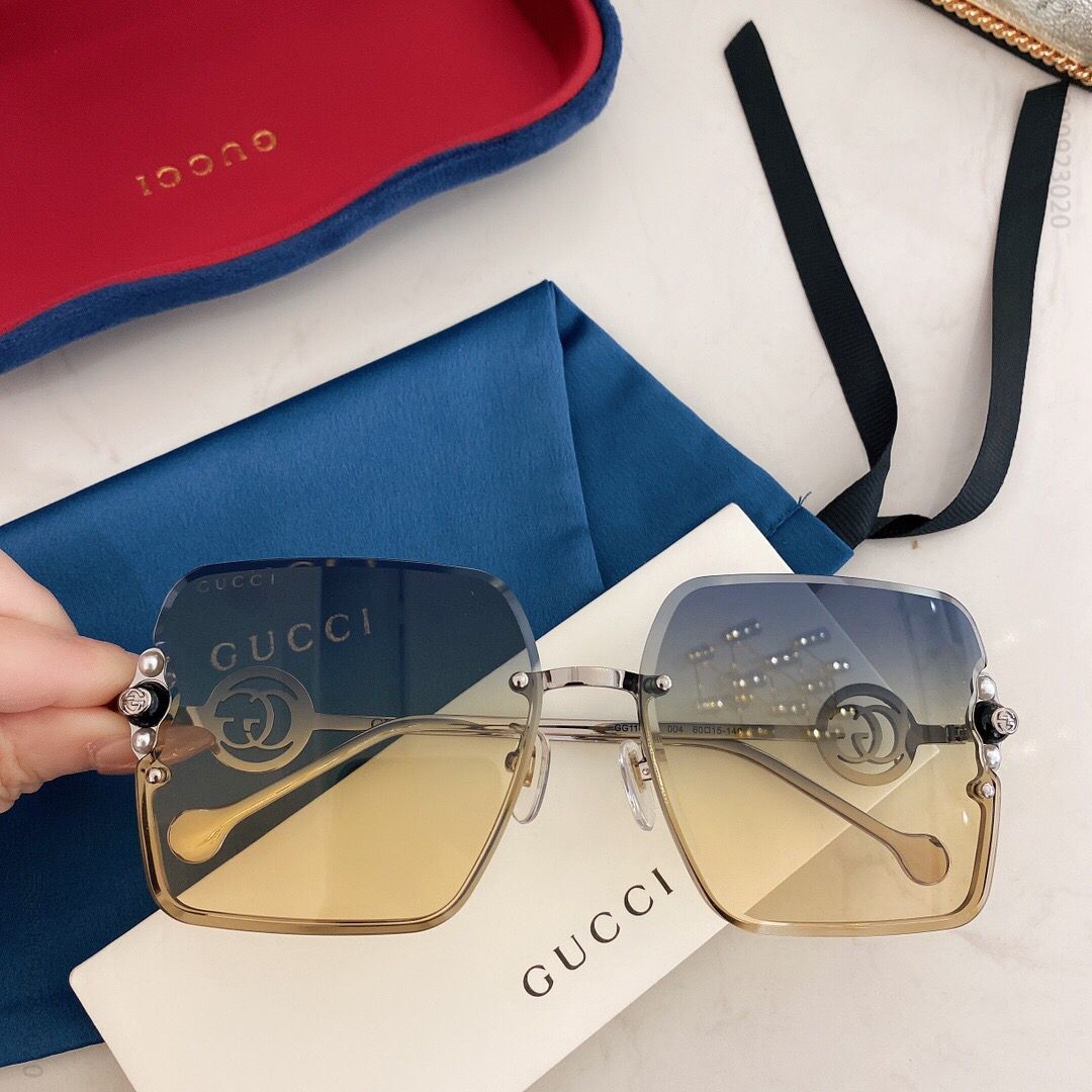 GUCCI古奇无框切边方框珍珠装饰logo女士太阳眼镜