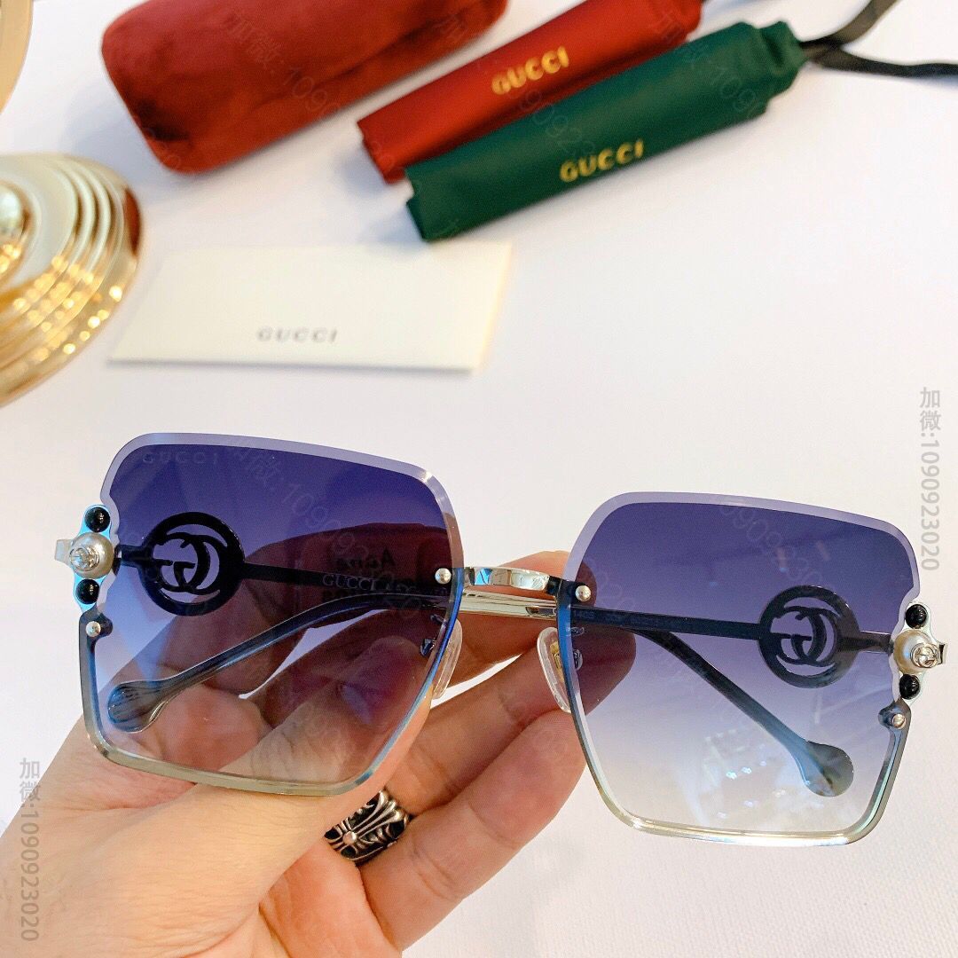 GUCCI古奇无框切边方框珍珠装饰logo女士太阳眼镜