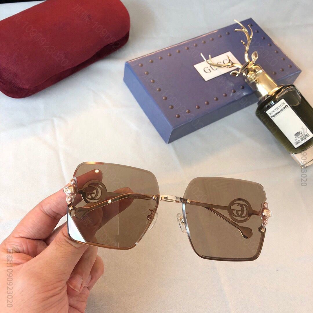 GUCCI古奇无框切边方框珍珠装饰logo女士太阳眼镜