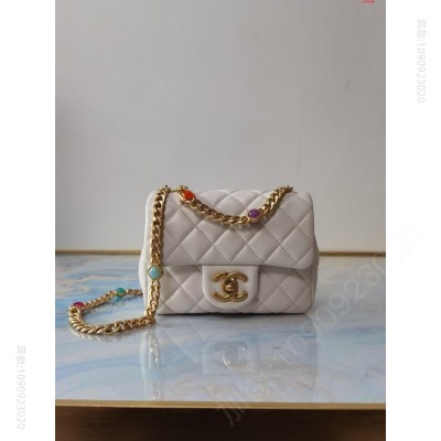 Chanel 白色 21早春宝石链条包 爆款五彩宝石口盖包 高仿香奈儿链条包