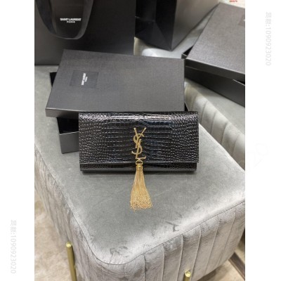 手包经典翻盖手拿包极具代表性的金属logo标志 鳄鱼纹牛皮 高仿圣罗兰钱包 A货圣罗兰钱夹 原单YSL
