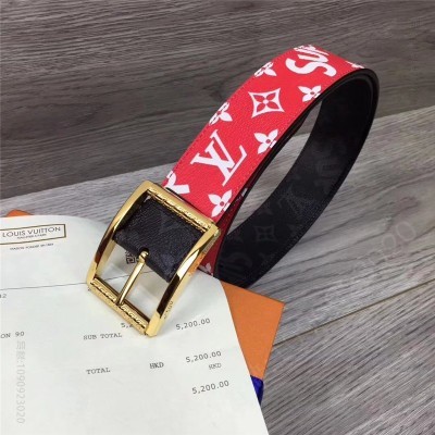 LV男士皮带/腰带 Louis vuitton 路易威登 Spreme联名 休闲款男士腰带 红色金扣 高仿LV