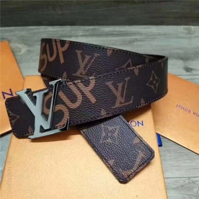 LV男士皮带/腰带 Louis vuitton 路易威登 STAMP 休闲款男士腰带 啡色银扣 高仿LV