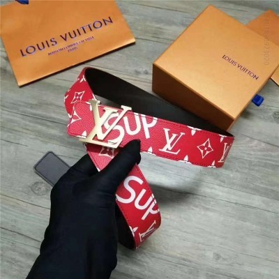 LV男士皮带/腰带 Louis vuitton 路易威登 STAMP 休闲款男士腰带 红色金扣 高仿LV