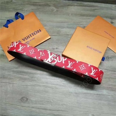 LV男士皮带/腰带 Louis vuitton 路易威登 STAMP 休闲款男士腰带 红色银扣 高仿LV