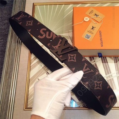 LV男士皮带/腰带 路易威登 Lv与Spreme联名款 原单品质 进口头层皮 荔枝纹 咖啡色 高仿LV