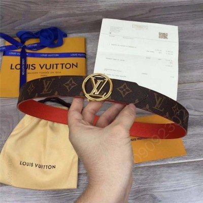 LV男士皮带/腰带 LV 路易威登 情侶款式 双面双色使用 老花图案 啡配红色 高仿LV