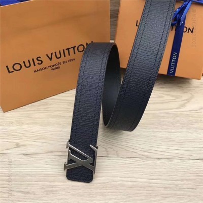 LV男士皮带/腰带 LV皮带 手搓纹小牛皮 双缝线设计 双面可用 海军蓝带哑光银扣 高仿LV