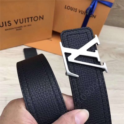 LV男士皮带/腰带 LV皮带 手搓纹小牛皮 双缝线设计 双面可用 黑带银扣 高仿LV