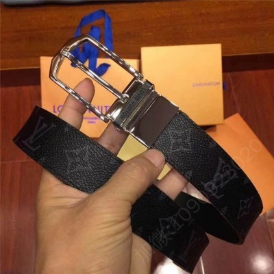 LV男士皮带/腰带 LV腰带 SLENDER 双面可用 海外原单货 手工缝线 男士腰带 银扣黑老花 高仿LV