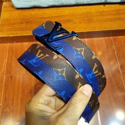 LV男士皮带/腰带 LV新版 Initiales腰带 Double Monogram双色 男士腰带 蓝拼啡 高仿LV