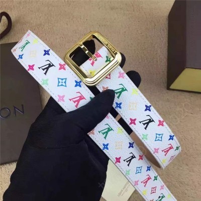 LV女士皮带/腰带 LV 路易威登 专柜新品 彩色老花 牛皮皮带 金属针扣 女士皮带 白色 高仿LV皮带 原单LV腰带 A货LV