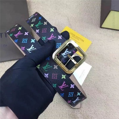 LV女士皮带/腰带 LV 路易威登 专柜新品 彩色老花 牛皮皮带 金属针扣 女士皮带 黑色 高仿LV皮带 原单LV腰带 A货LV