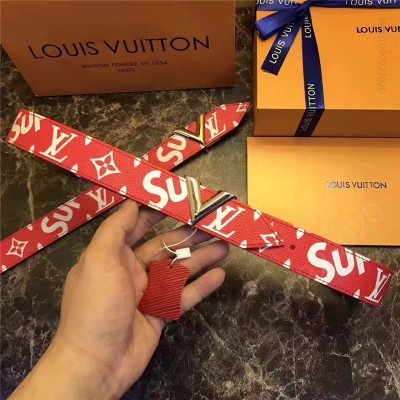 LV女士皮带/腰带 LV 路易威登 Supreme联名合作款 独家新品 女士腰带 双面用 红色印花字 高仿LV皮带 原单LV腰带 A货LV