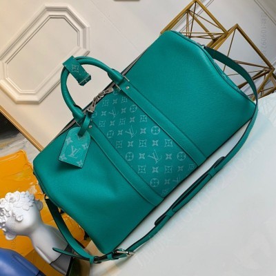 老花LV男包 LV KEEPALL 45旅行袋（配肩带） LV Taiga 皮革旅行袋 绿色 原单路易威登男包 高仿LV