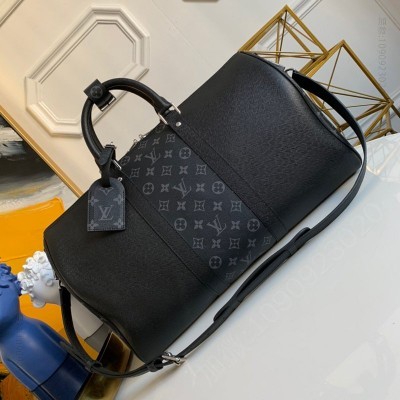 老花LV男包 LV KEEPALL 45旅行袋（配肩带） LV Taiga 皮革旅行袋 黑色 原单路易威登男包 高仿LV