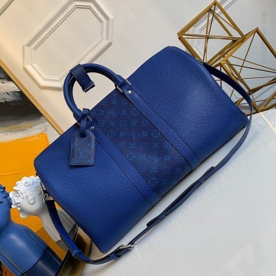 老花LV男包 LV KEEPALL 45旅行袋（配肩带） LV Taiga 皮革旅行袋 蓝色 原单路易威登男包 高仿LV