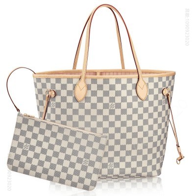 LV LV Neverfull 中号手袋 LV白格女包 LV购物袋 LV子母包 粉色内里 高仿路易威登包包
