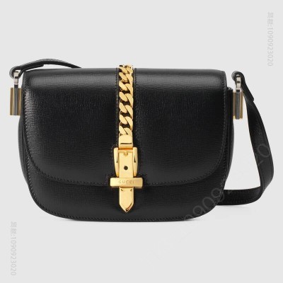 A货古驰 Gucci Sylvie 1969系列迷你肩背包 黑色织纹皮革女包 高仿古奇