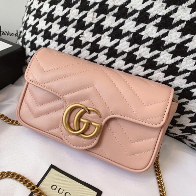古驰女包 Gucci GG Marmont系列绗缝皮革超迷你手袋 粉色 原单古驰