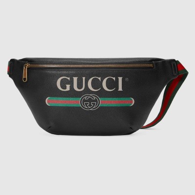 古驰男包 Gucci标识 复古印花 织纹皮革 腰包 黑色 原单古驰包包