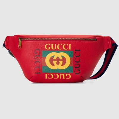 古驰男包 Gucci标识 复古印花 织纹皮革 腰包 红色 原单古驰包包