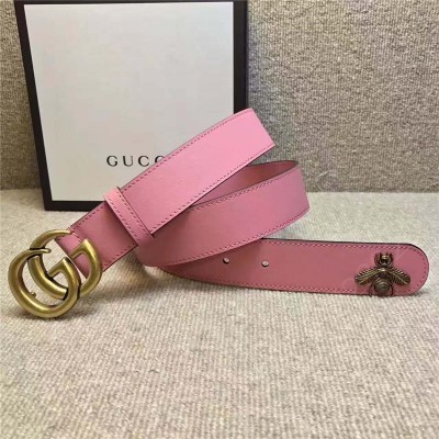 古驰女士皮带 GUCCI 小蜜蜂 古奇2017新款 平纹头层牛皮 仿古金属小蜜蜂 粉色 原单古驰腰带 高仿古驰女士皮带 古驰女士腰带