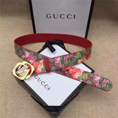 古驰女士皮带 古驰Gucci i2017新品上市 互扣式双G带扣腰带 Blooms天竺蔡印花 原单古驰腰带 高仿古驰女士皮带 古驰女士腰带