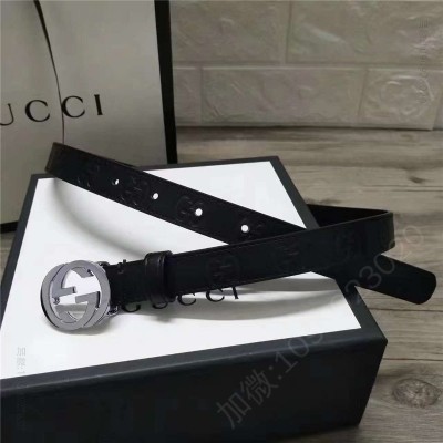 古驰皮带 Gucci 新款 进口原版小牛皮压花 女士腰带 双G扣头 双面可用 黑色银扣 原单古驰腰带 高仿古驰女士皮带 古驰女士腰带