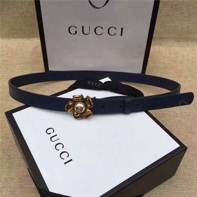 古驰皮带 Gucci 新款 原版牛皮 山茶花中间镶珍珠双G 女士腰带 藏蓝色 原单古驰腰带 高仿古驰女士皮带 古驰女士腰带