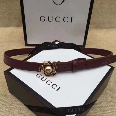 古驰皮带 Gucci 新款 原版牛皮 山茶花中间镶珍珠双G 女士腰带 棕红色 原单古驰腰带 高仿古驰女士皮带 古驰女士腰带