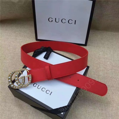 古驰皮带 Gucci 原版牛皮搭配原单仿古铜珍珠双G扣头 腰带 彰显超凡品味 顶级精品 红色 原单古驰腰带 高仿古驰女士皮带 古驰女士腰带