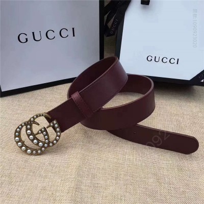 古驰皮带 Gucci 原版牛皮搭配原单仿古铜珍珠双G扣头 腰带 彰显超凡品味 顶级精品 棕红色 原单古驰腰带 高仿古驰女士皮带 古驰女士腰带