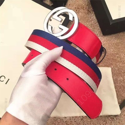 古驰皮带 Gucci 新款 双G带扣 Sylvie织布真皮腰带 情侣款 红色 原单古驰腰带 高仿古驰女士皮带 古驰女士腰带