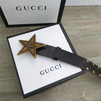 古驰皮带 GUCCI新款 复古五角星扣 进口牛皮 腰带 啡色 原单古驰腰带 高仿古驰女士皮带 古驰女士腰带