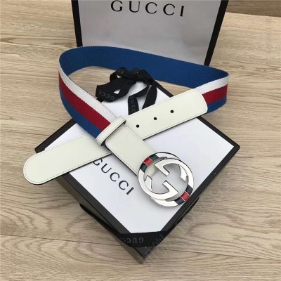 古驰皮带 GUCCl NEW原单 彩色织带配进口牛皮 原单双G金属扣头 白色 原单古驰腰带 高仿古驰女士皮带 古驰女士腰带