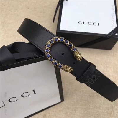 古驰皮带 GUCCI 古驰 2017畅销女款 双面进口平纹 头层牛皮 龙头花纹扣 黑带蓝钻金扣 原单古驰腰带 高仿古驰女士皮带 古驰女士腰带