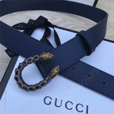 古驰皮带 GUCCI 古驰 2017畅销女款 双面进口平纹 头层牛皮 龙头花纹扣 蓝带蓝钻金扣 原单古驰腰带 高仿古驰女士皮带 古驰女士腰带